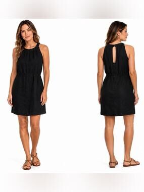 ANN TAYLOR LOFT Black 100% Linen Sleeveless Mini Length Lined High Neck Dress 6